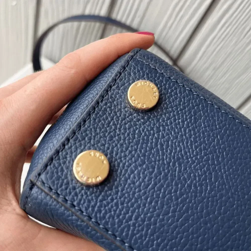 Michael Kors Navy Leather Satchel Crossbody Bag Gold Hardware Top Handle